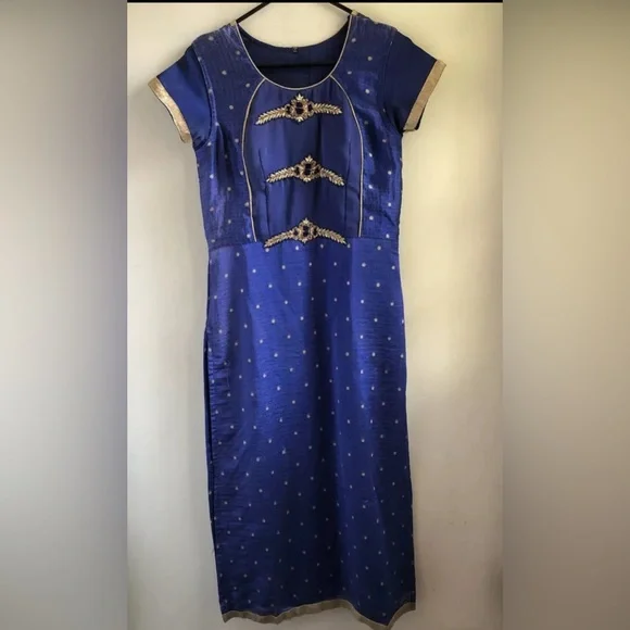 Dresses | Indian Royal Blue Kota Silk Kurta Sm Gold Embroidered Jeweled  Embellishment | Poshmark